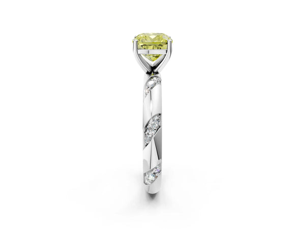 Platinum Fancy Yellow Cushion Cut Solitaire Diamond Engagement Ring with Twisted Pave Band and Four-Prong Setting