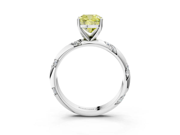 Platinum Fancy Yellow Cushion Cut Solitaire Diamond Engagement Ring with Twisted Pave Band and Four-Prong Setting