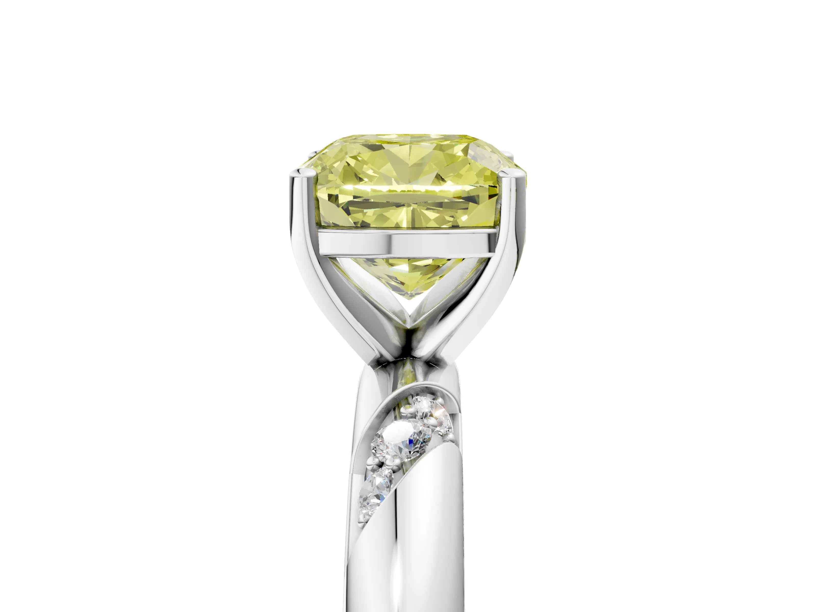 White gold Fancy Yellow Cushion Cut Solitaire Diamond Engagement Ring with Twisted Pave Band and Four-Prong Setting_92