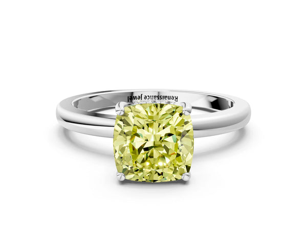 Platinum Fancy Yellow Cushion Cut Solitaire Diamond Ring with Prong Setting and Plain Band