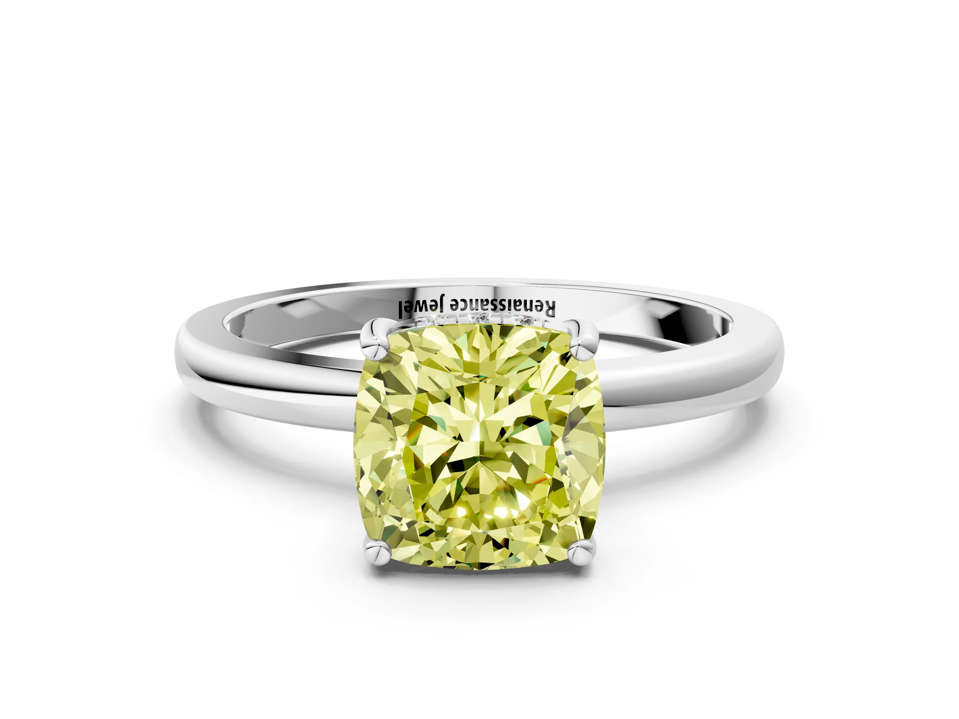 White gold Fancy Yellow Cushion Cut Solitaire Diamond Ring with Prong Setting and Plain Band_12