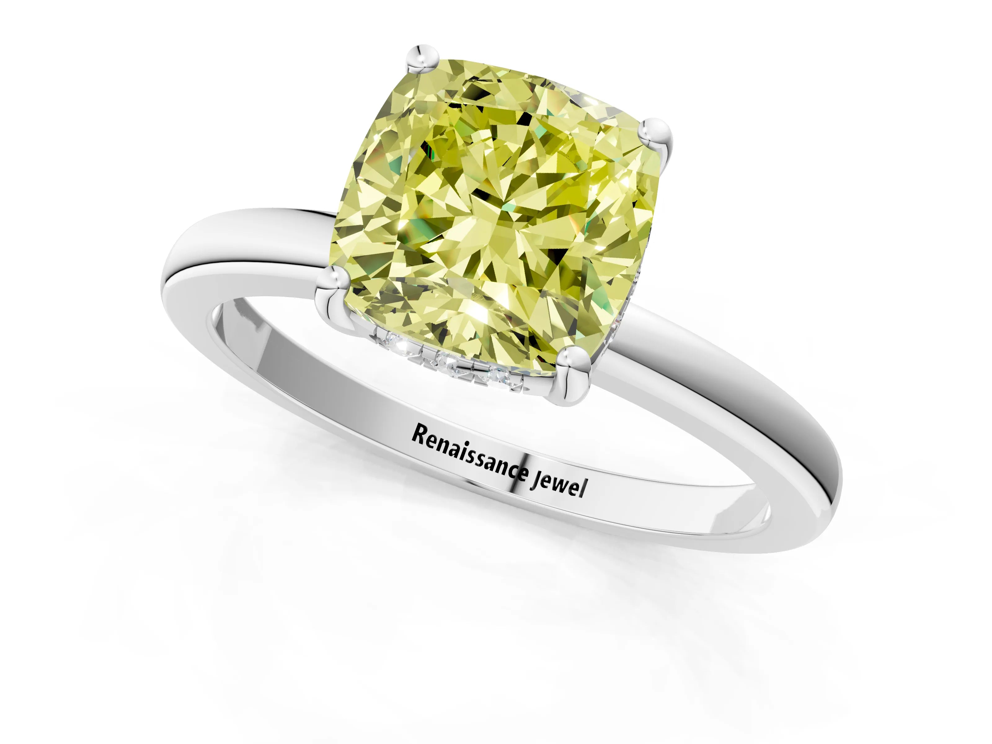 White gold Fancy Yellow Cushion Cut Solitaire Diamond Ring with Prong Setting and Plain Band_13
