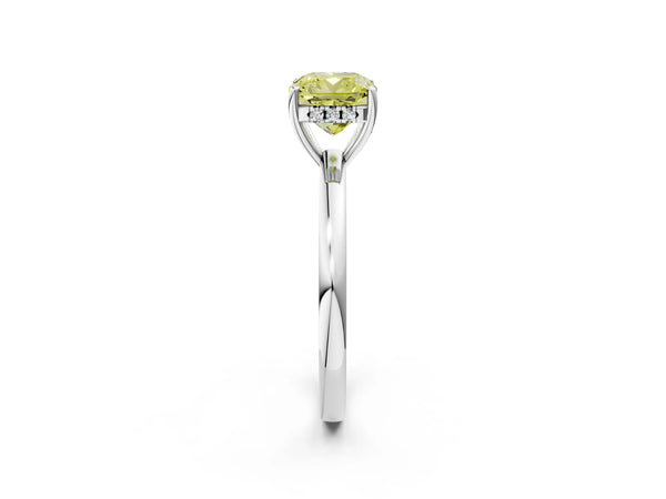 Platinum Fancy Yellow Cushion Cut Solitaire Diamond Ring with Prong Setting and Plain Band