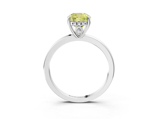 Platinum Fancy Yellow Cushion Cut Solitaire Diamond Ring with Prong Setting and Plain Band