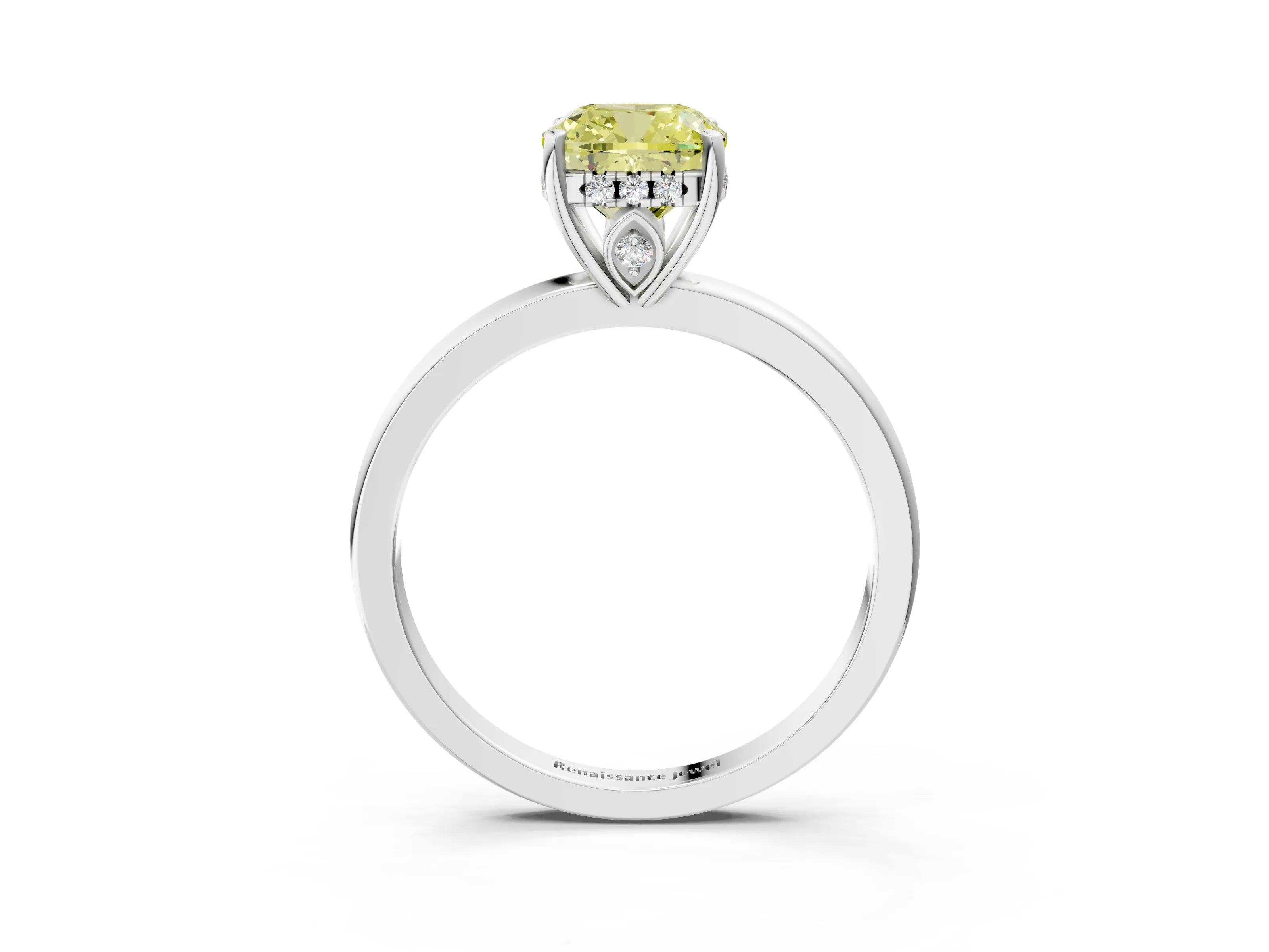 White gold Fancy Yellow Cushion Cut Solitaire Diamond Ring with Prong Setting and Plain Band_15