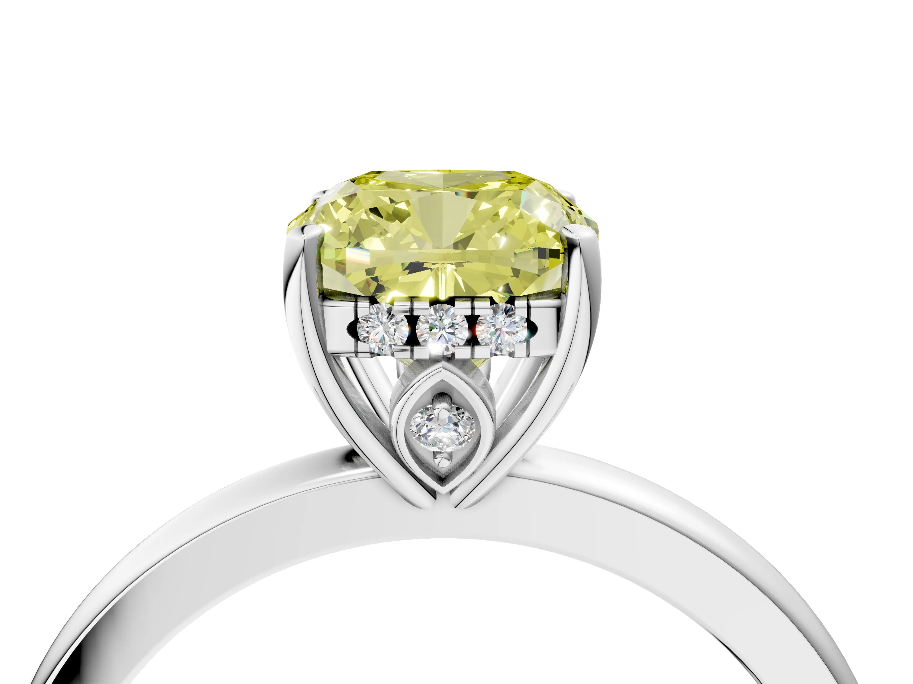 White gold Fancy Yellow Cushion Cut Solitaire Diamond Ring with Prong Setting and Plain Band_16