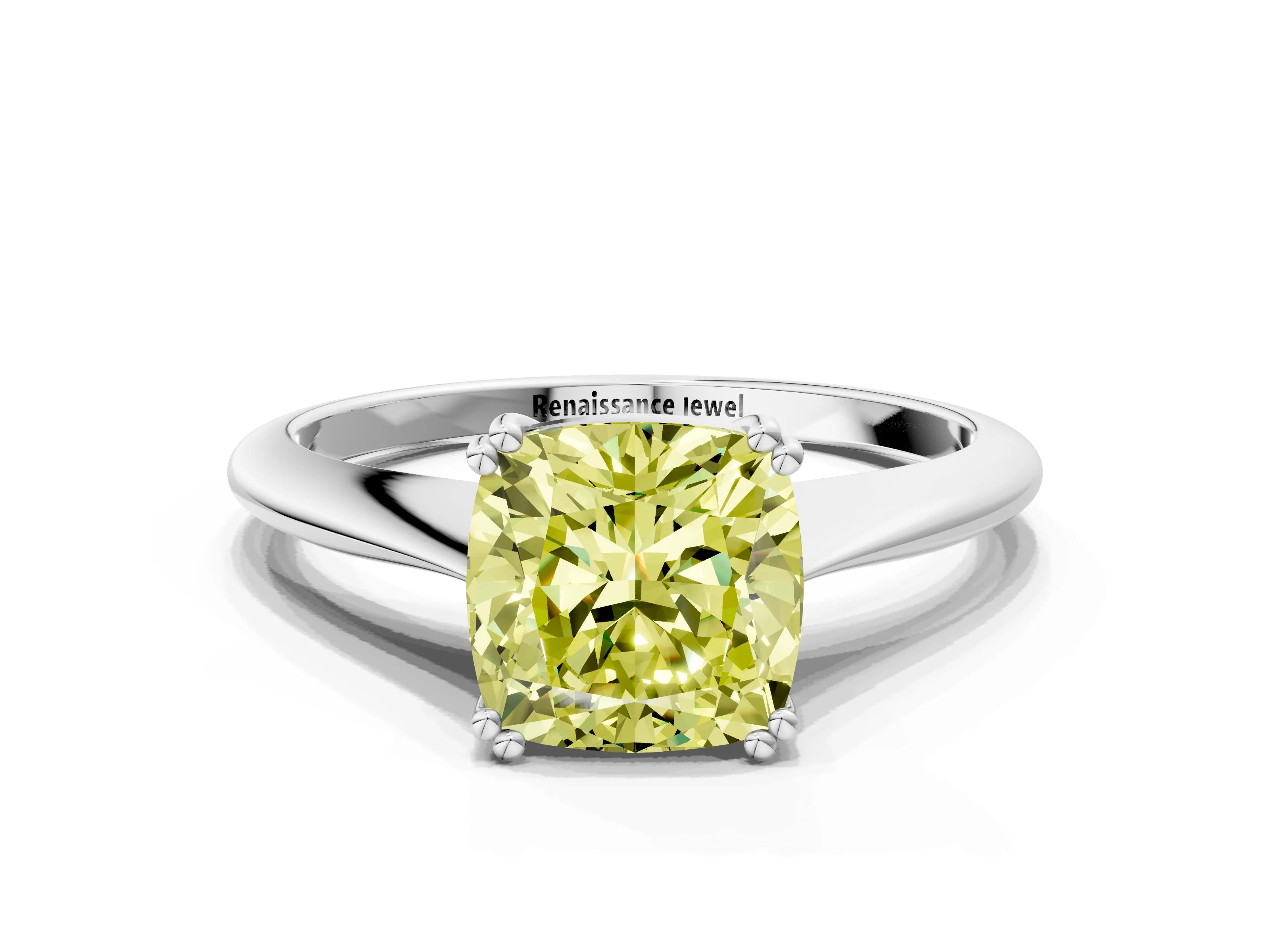 White gold Fancy Yellow Cushion Cut Solitaire Diamond Ring with Six-Prong Setting and Classic Band