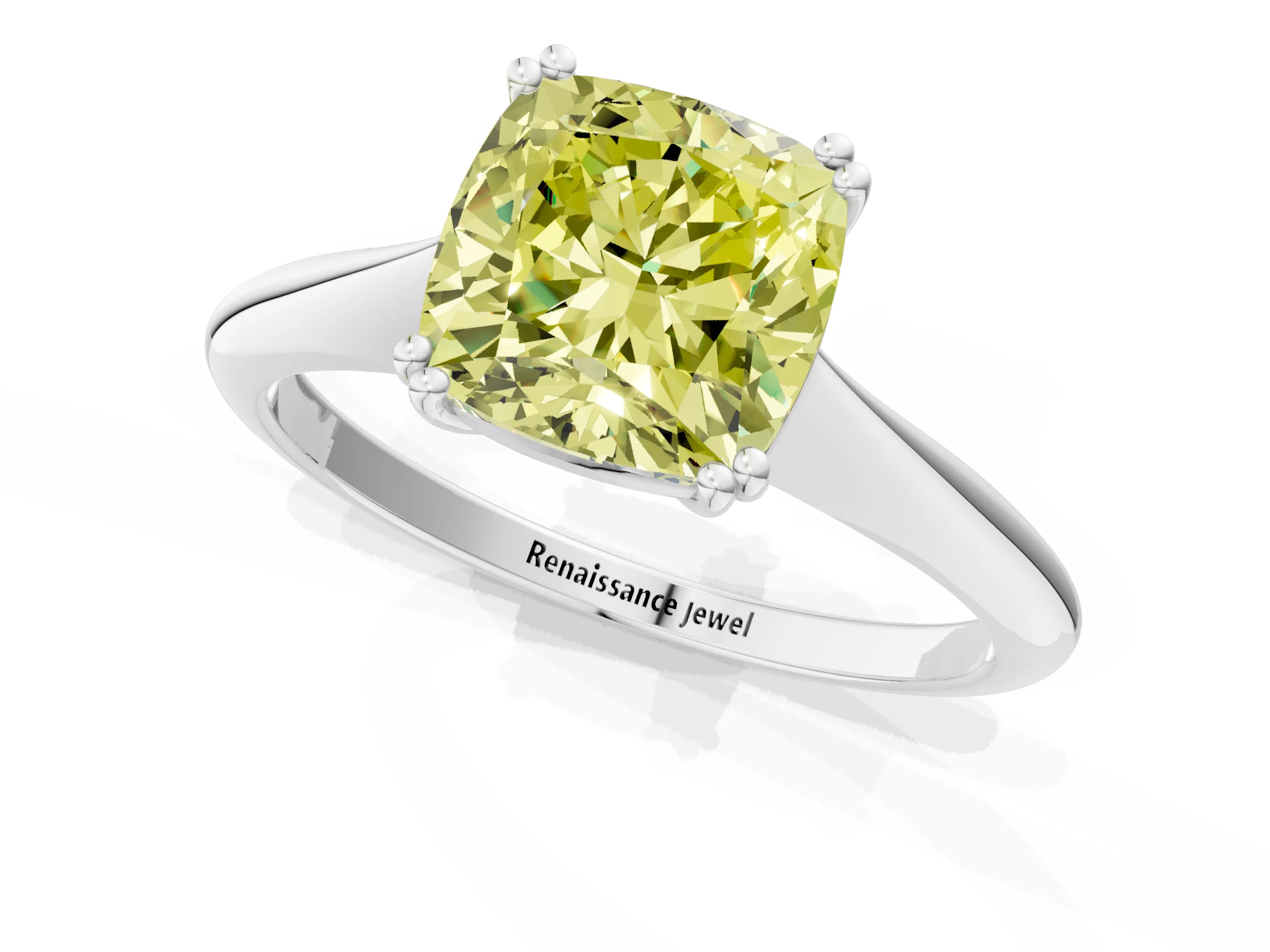 White gold Fancy Yellow Cushion Cut Solitaire Diamond Ring with Six-Prong Setting and Classic Band_1