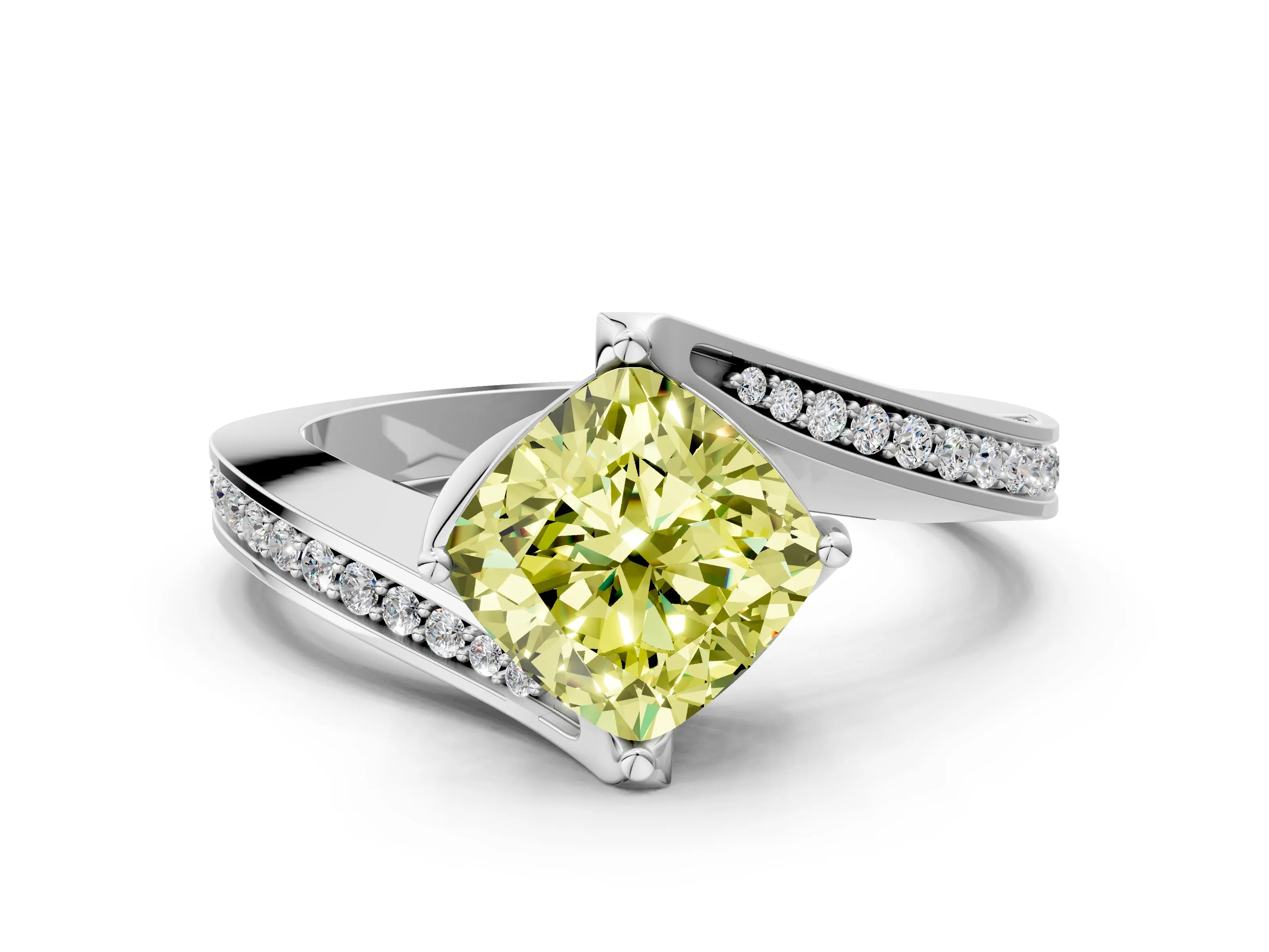 White gold Fancy Yellow Cushion Cut Solitaire Diamond Twist Band with Pavé Setting and Four-Prong Setting_12