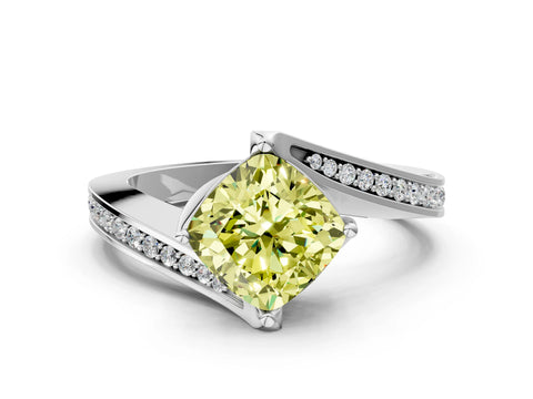 White gold Fancy Yellow Cushion Cut Solitaire Diamond Twist Band with Pavé Setting and Four-Prong Setting_12