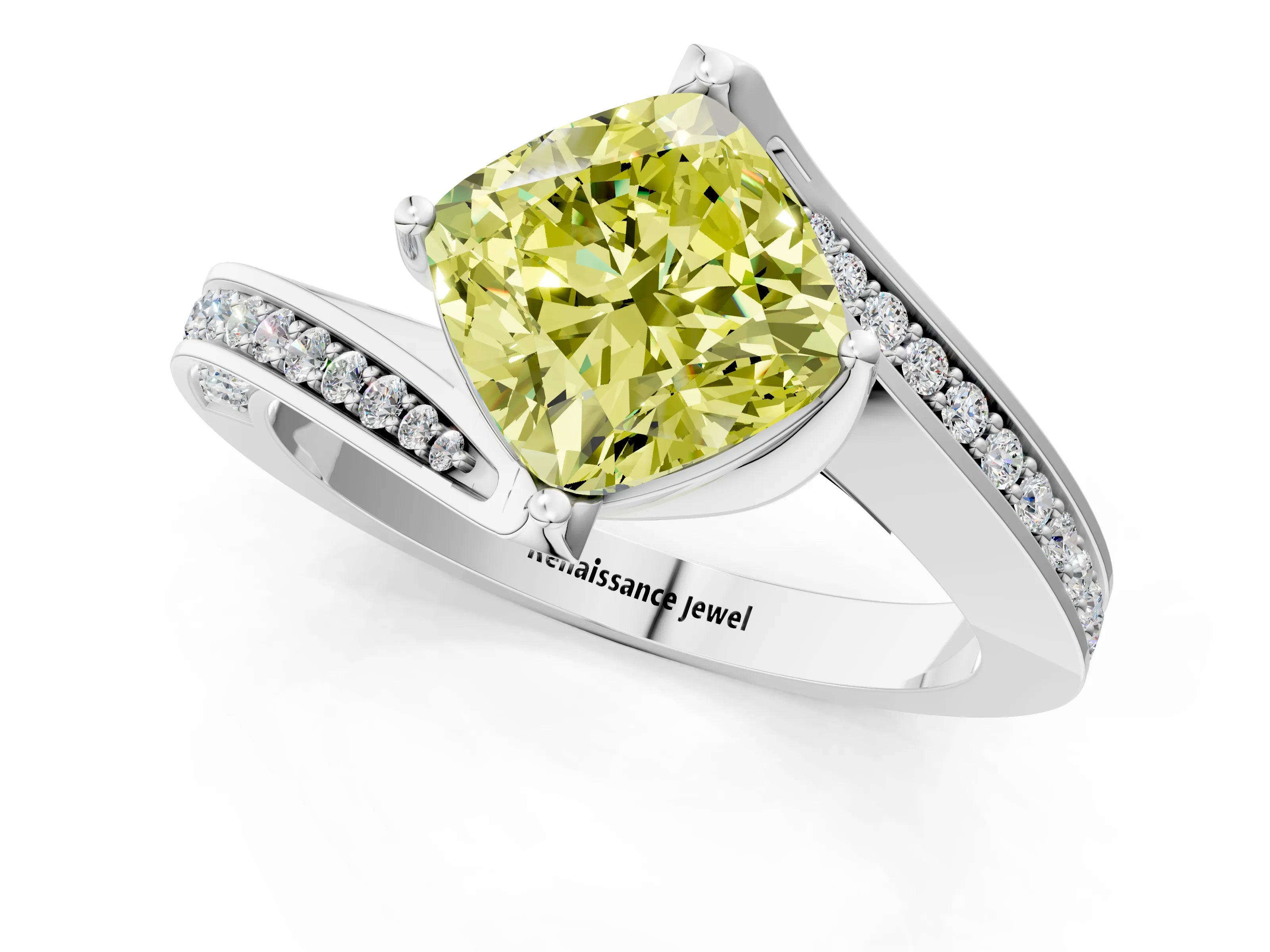 White gold Fancy Yellow Cushion Cut Solitaire Diamond Twist Band with Pavé Setting and Four-Prong Setting_13