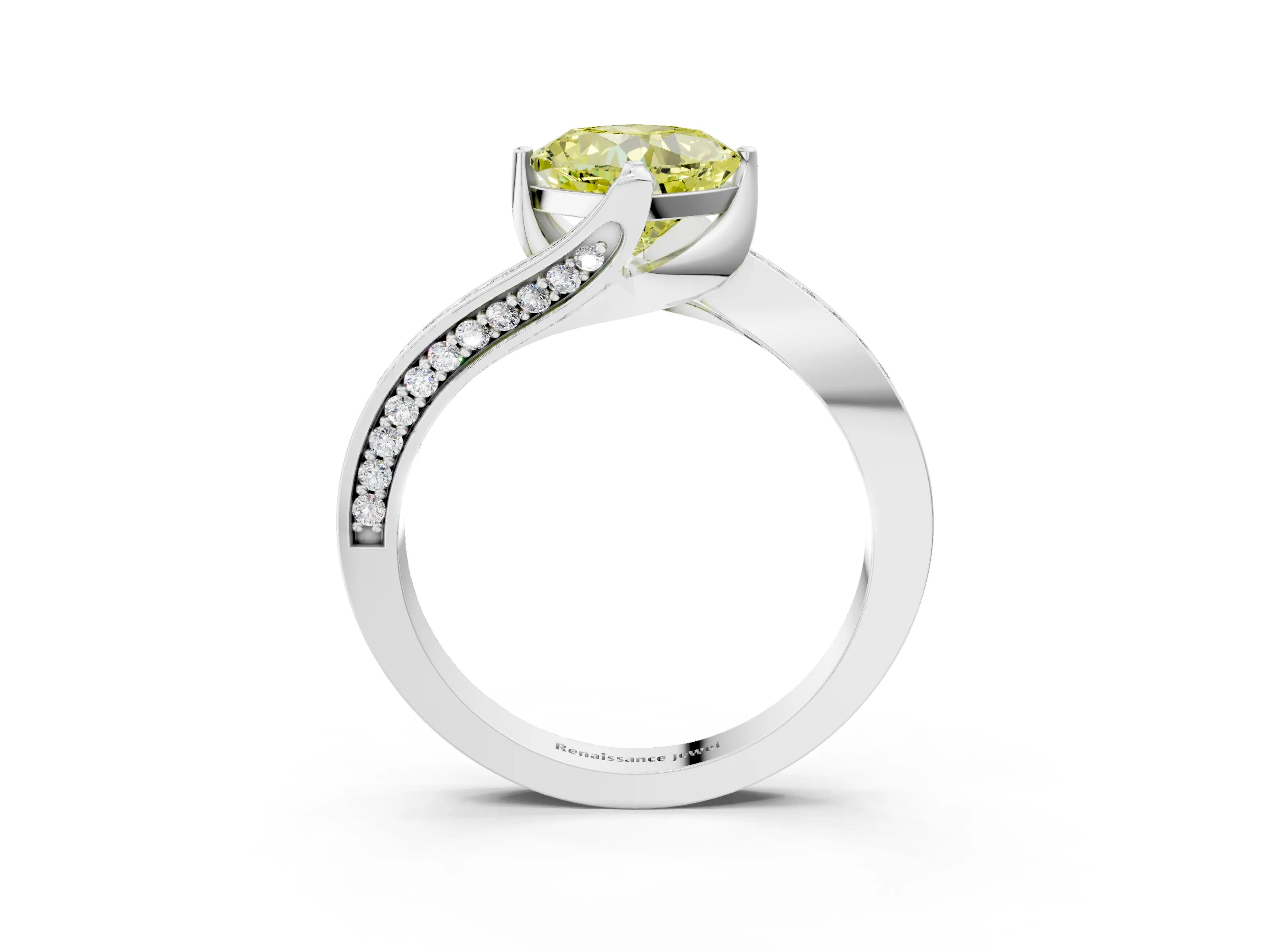 White gold Fancy Yellow Cushion Cut Solitaire Diamond Twist Band with Pavé Setting and Four-Prong Setting_15