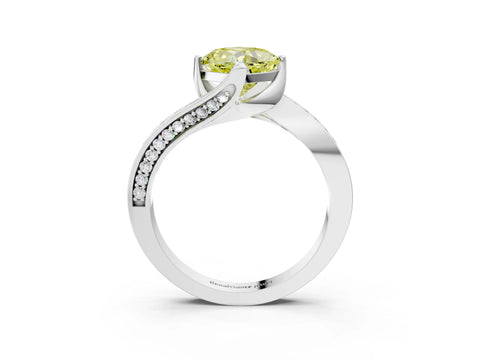 White gold Fancy Yellow Cushion Cut Solitaire Diamond Twist Band with Pavé Setting and Four-Prong Setting_15