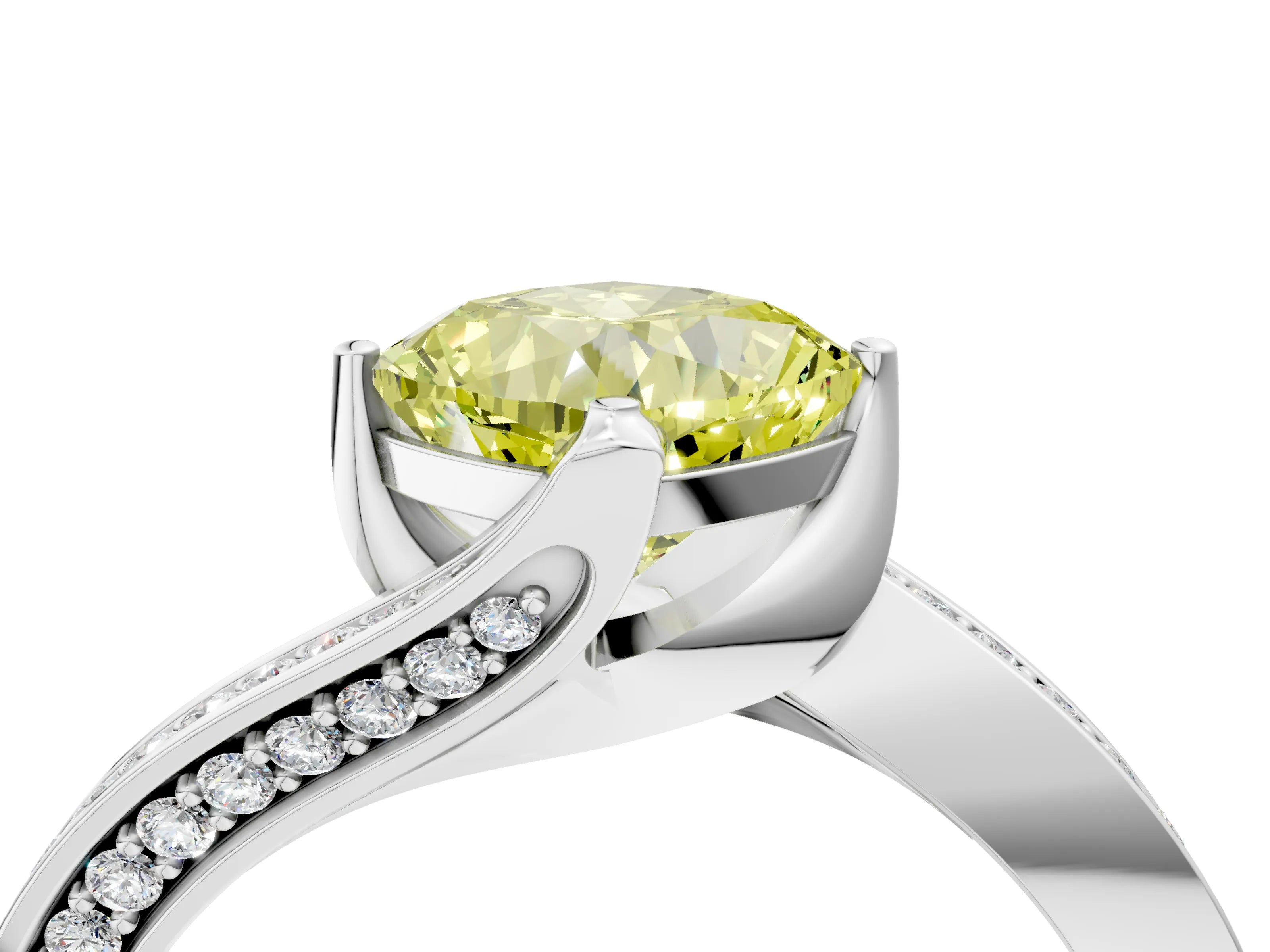 White gold Fancy Yellow Cushion Cut Solitaire Diamond Twist Band with Pavé Setting and Four-Prong Setting_16