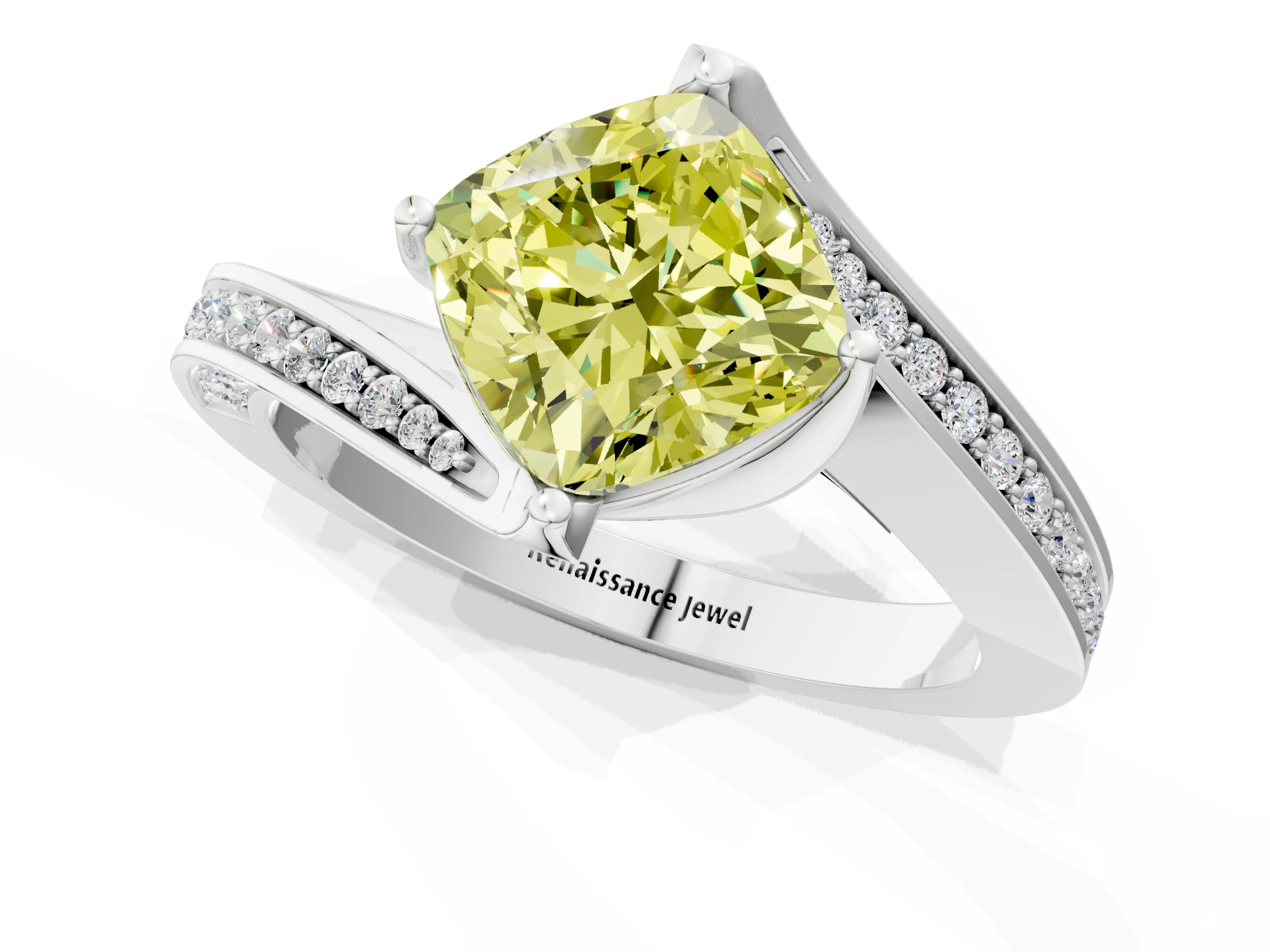White gold Fancy Yellow Cushion Cut Solitaire Diamond Twist Band with Pavé Setting and Four-Prong Setting_1