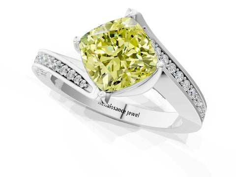 White gold Fancy Yellow Cushion Cut Solitaire Diamond Twist Band with Pavé Setting and Four-Prong Setting_1