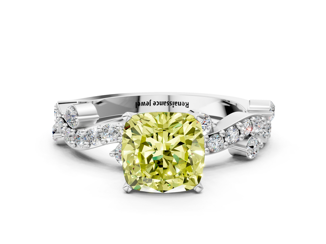 White gold Fancy Yellow Cushion  Cut Solitaire Diamond Twisted Band with Pave Setting_59
