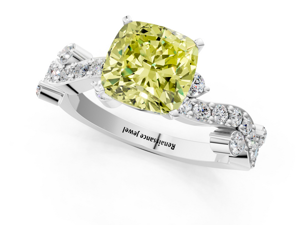 Platinum Fancy Yellow Cushion  Cut Solitaire Diamond Twisted Band with Pave Setting