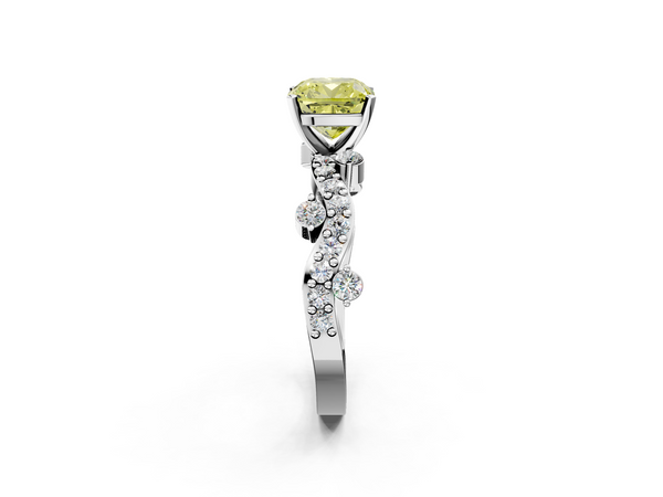Platinum Fancy Yellow Cushion  Cut Solitaire Diamond Twisted Band with Pave Setting