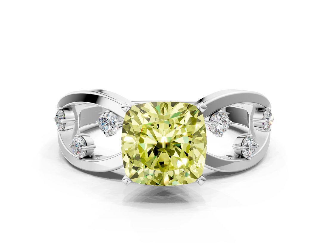 White gold Fancy Yellow Cushion  Cut Solitaire Diamond with Side Stones on Criss-Cross Band and Four-Prong Setting_3