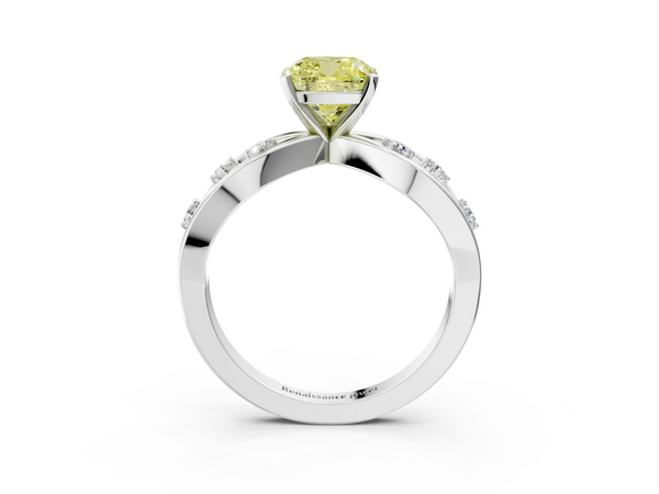 White gold Fancy Yellow Cushion  Cut Solitaire Diamond with Side Stones on Criss-Cross Band and Four-Prong Setting