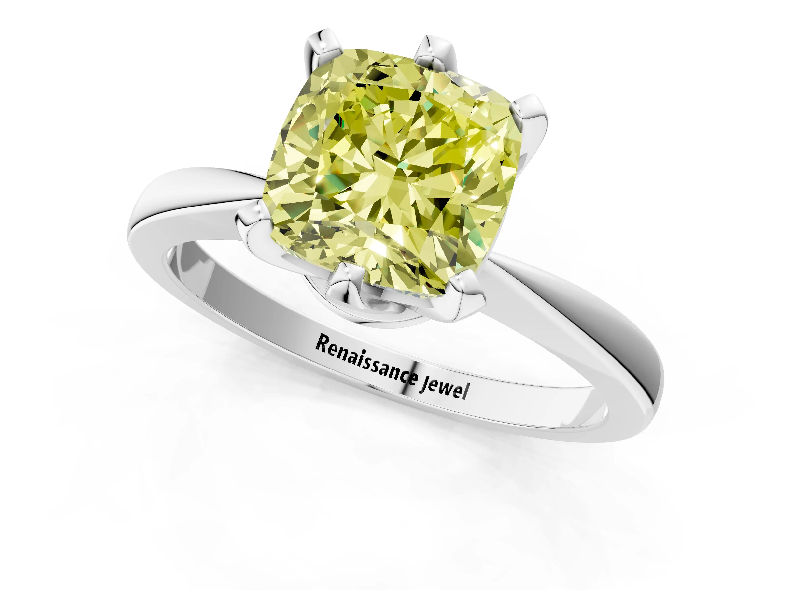 White gold Fancy Yellow Cushion Cut Solitaire Engagement Ring with Six-Prong Setting and Tapered Band_1