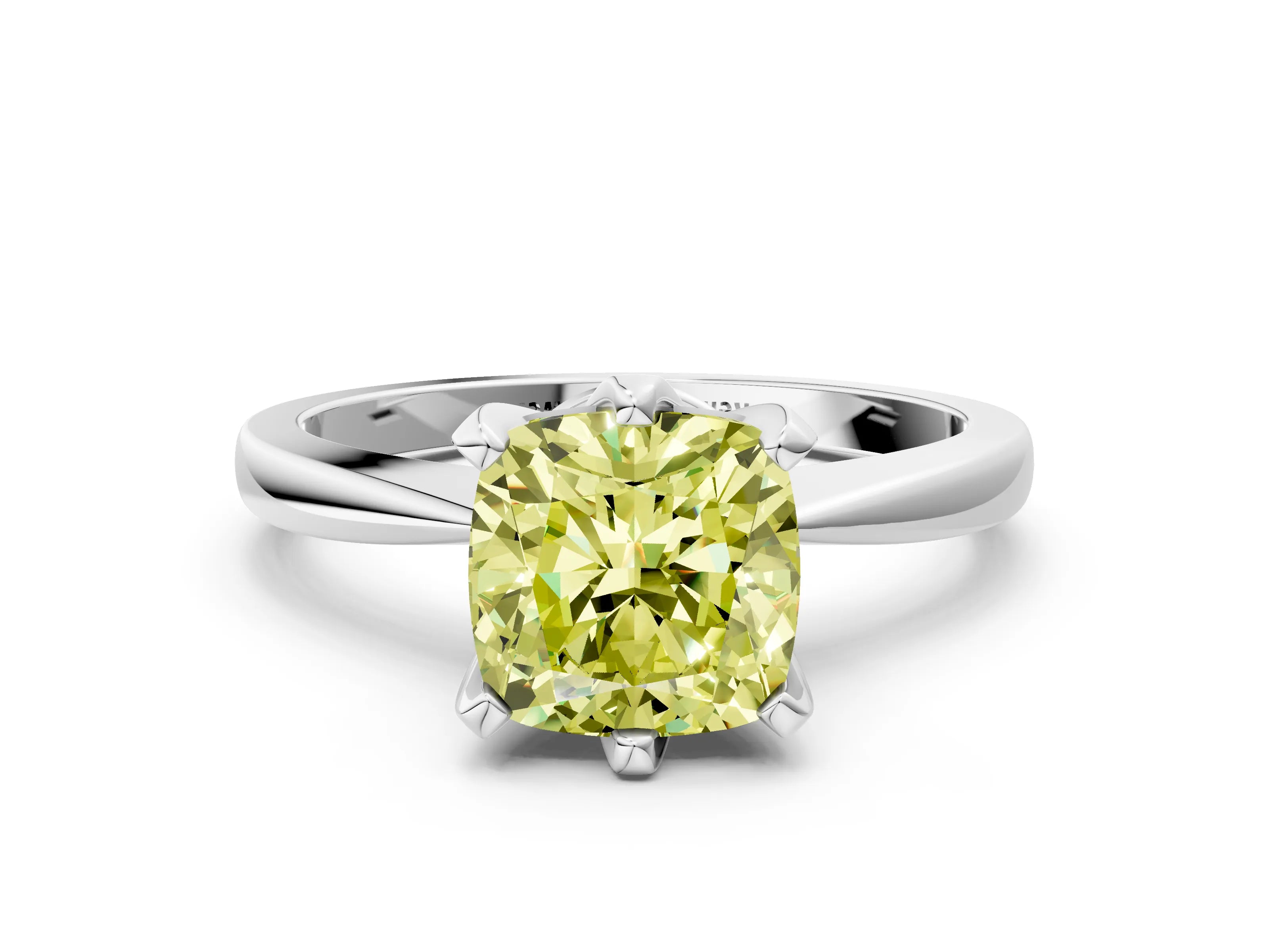 White gold Fancy Yellow Cushion Cut Solitaire Engagement Ring with Six-Prong Setting and Tapered Band