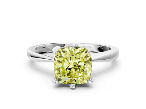 White gold Fancy Yellow Cushion Cut Solitaire Engagement Ring with Six-Prong Setting and Tapered Band