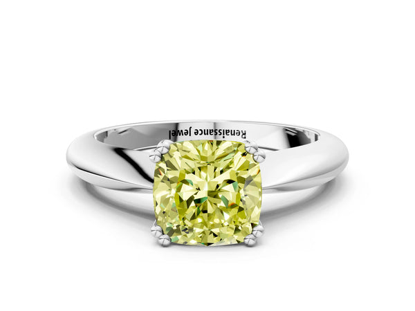 White gold Fancy Yellow Cushion  Cut Solitaire Engagement Ring with Tapered Band and Four-Prong Setting