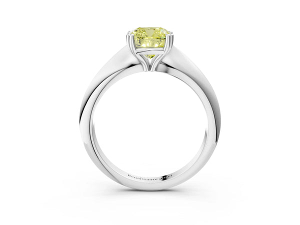 White gold Fancy Yellow Cushion  Cut Solitaire Engagement Ring with Tapered Band and Four-Prong Setting