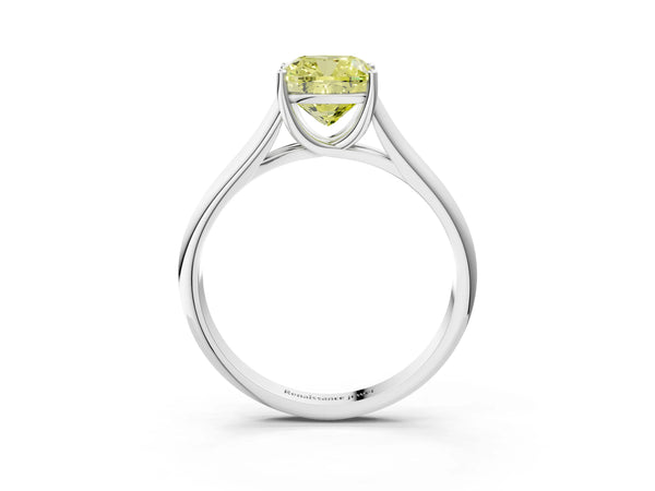 Platinum Fancy Yellow Cushion Cut Solitaire Engagement Ring with Tapered Band and Four-Prong Setting