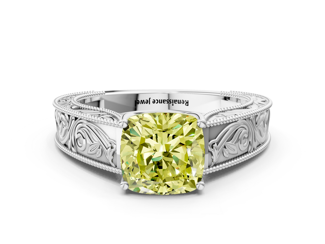 White gold Fancy Yellow Cushion  Cut Solitaire Engraved Band with Four-Prong Setting_62
