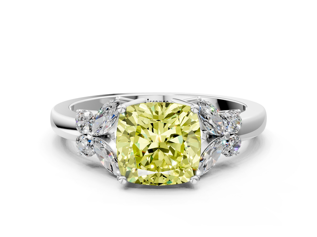 White gold Fancy Yellow Cushion  Cut Solitaire Floral Diamond Ring with Four-Prong Setting_37