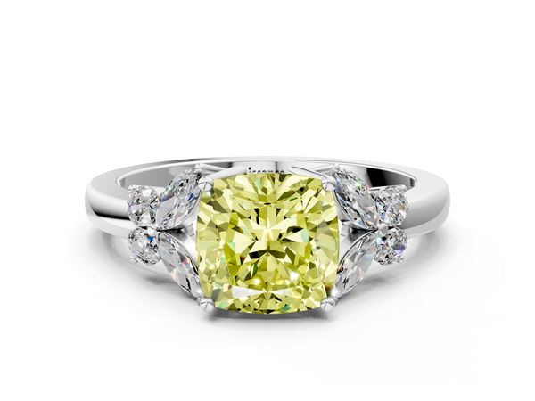 White gold Fancy Yellow Cushion  Cut Solitaire Floral Diamond Ring with Four-Prong Setting