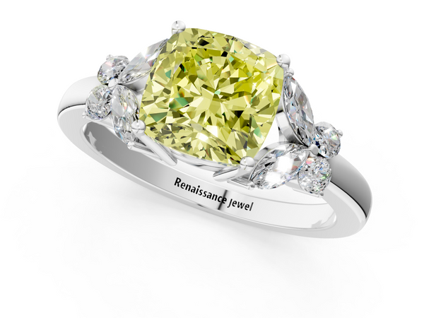 White gold Fancy Yellow Cushion  Cut Solitaire Floral Diamond Ring with Four-Prong Setting