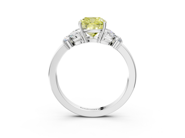 White gold Fancy Yellow Cushion  Cut Solitaire Floral Diamond Ring with Four-Prong Setting