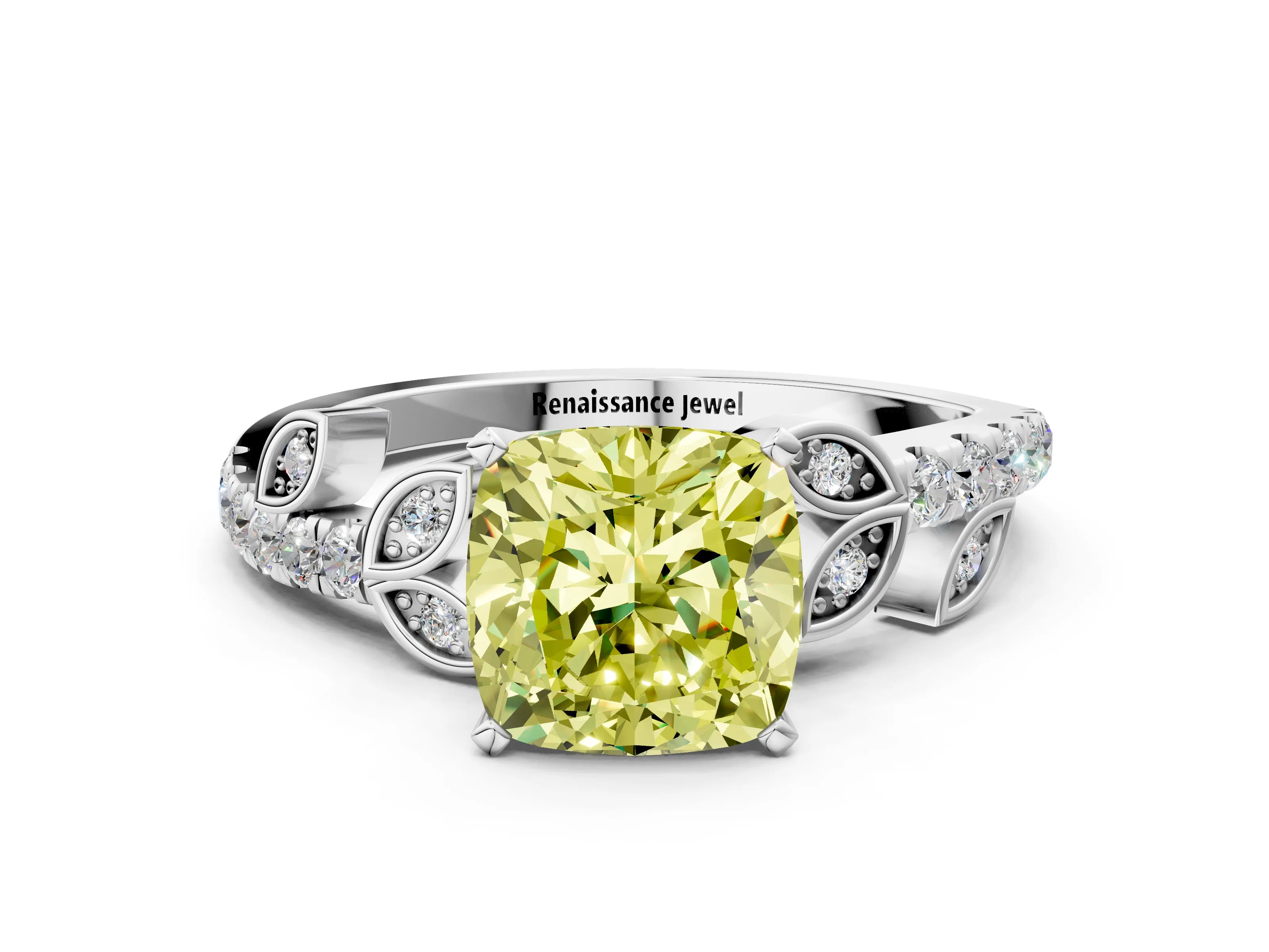 White gold Fancy Yellow Cushion Cut Solitaire Leaf-Inspired Diamond Ring with Pavé Band and Four-Prong Setting_12