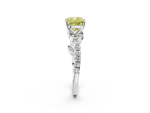 White gold Fancy Yellow Cushion Cut Solitaire Leaf-Inspired Diamond Ring with Pavé Band and Four-Prong Setting_14