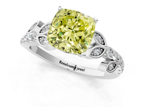 White gold Fancy Yellow Cushion Cut Solitaire Leaf-Inspired Diamond Ring with Pavé Band and Four-Prong Setting_1