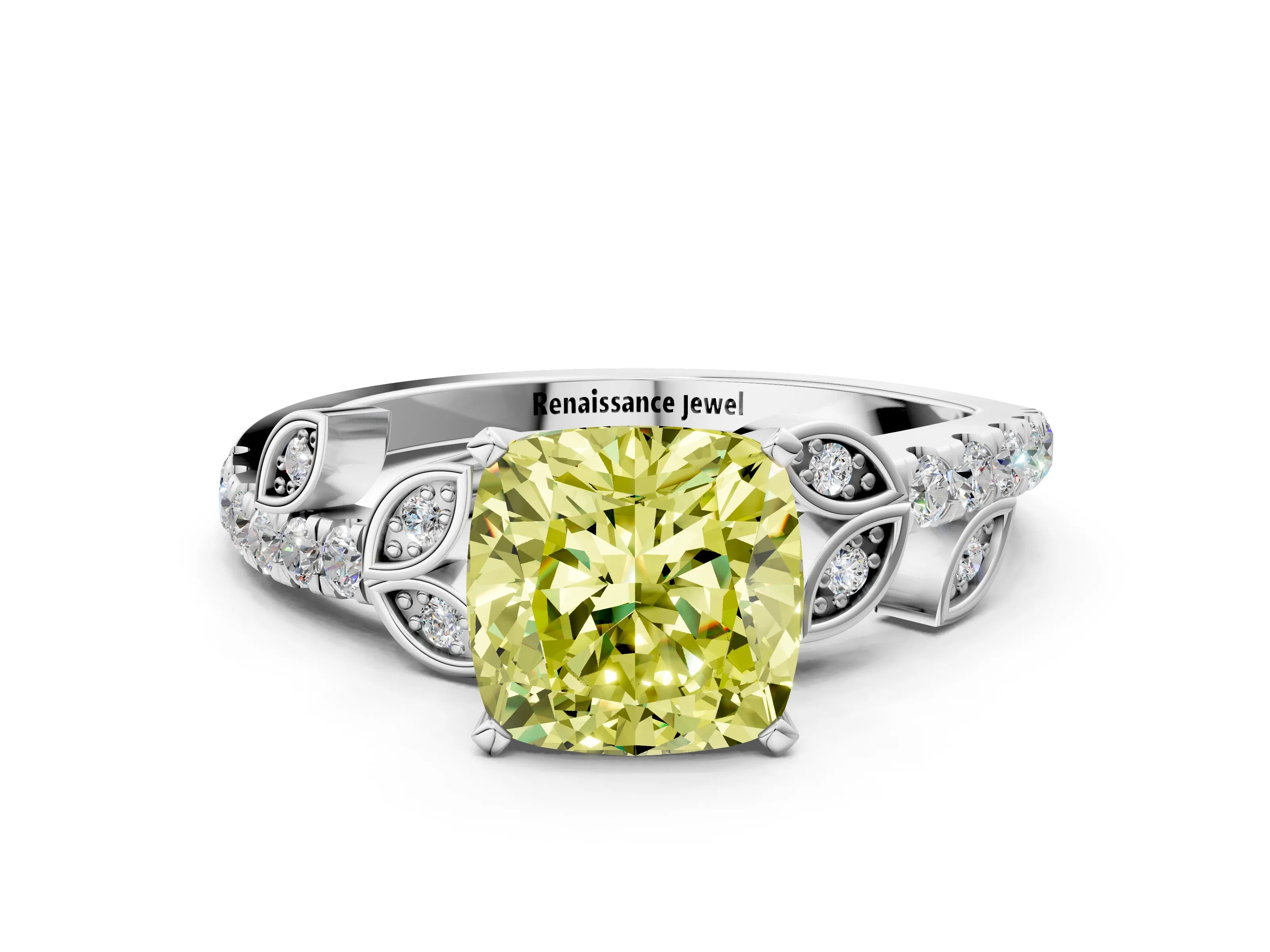 White gold Fancy Yellow Cushion Cut Solitaire Leaf-Inspired Diamond Ring with Pavé Band and Four-Prong Setting_24