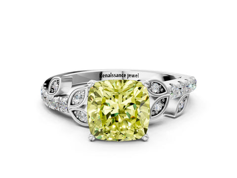 White gold Fancy Yellow Cushion Cut Solitaire Leaf-Inspired Diamond Ring with Pavé Band and Four-Prong Setting_24