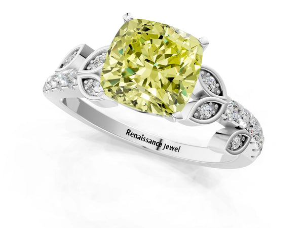 White gold Fancy Yellow Cushion Cut Solitaire Leaf-Inspired Diamond Ring with Pavé Band and Four-Prong Setting