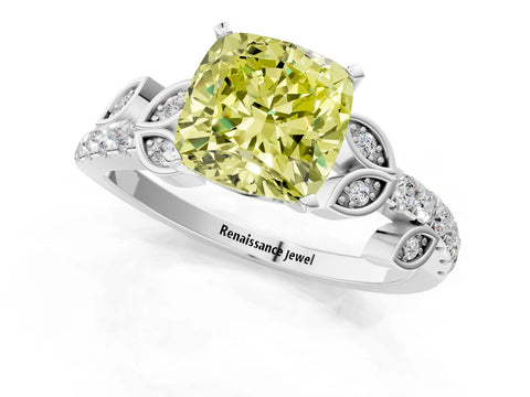 White gold Fancy Yellow Cushion Cut Solitaire Leaf-Inspired Diamond Ring with Pavé Band and Four-Prong Setting_25