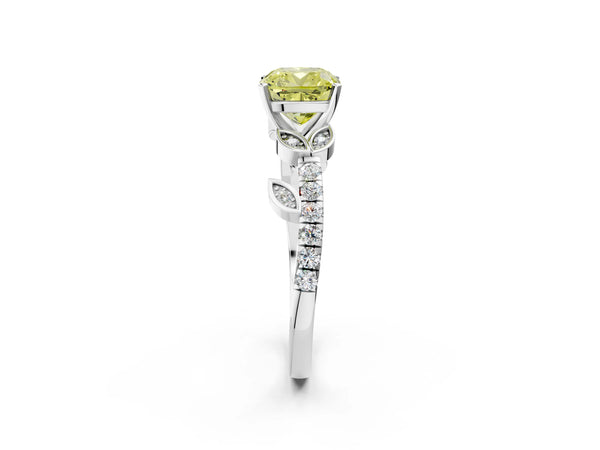 White gold Fancy Yellow Cushion Cut Solitaire Leaf-Inspired Diamond Ring with Pavé Band and Four-Prong Setting