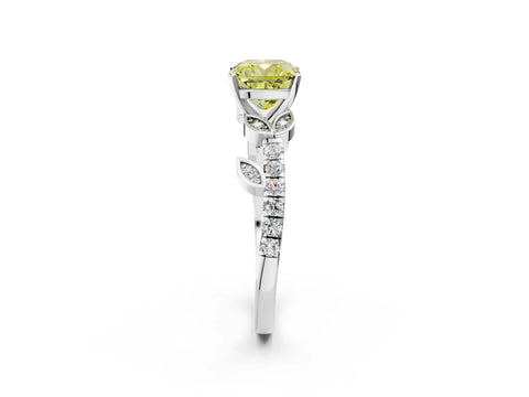 White gold Fancy Yellow Cushion Cut Solitaire Leaf-Inspired Diamond Ring with Pavé Band and Four-Prong Setting_26