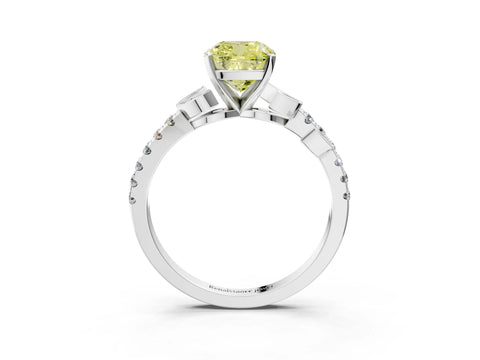 White gold Fancy Yellow Cushion Cut Solitaire Leaf-Inspired Diamond Ring with Pavé Band and Four-Prong Setting_27