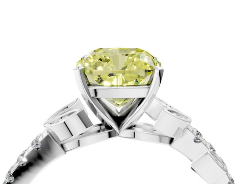 White gold Fancy Yellow Cushion Cut Solitaire Leaf-Inspired Diamond Ring with Pavé Band and Four-Prong Setting_28