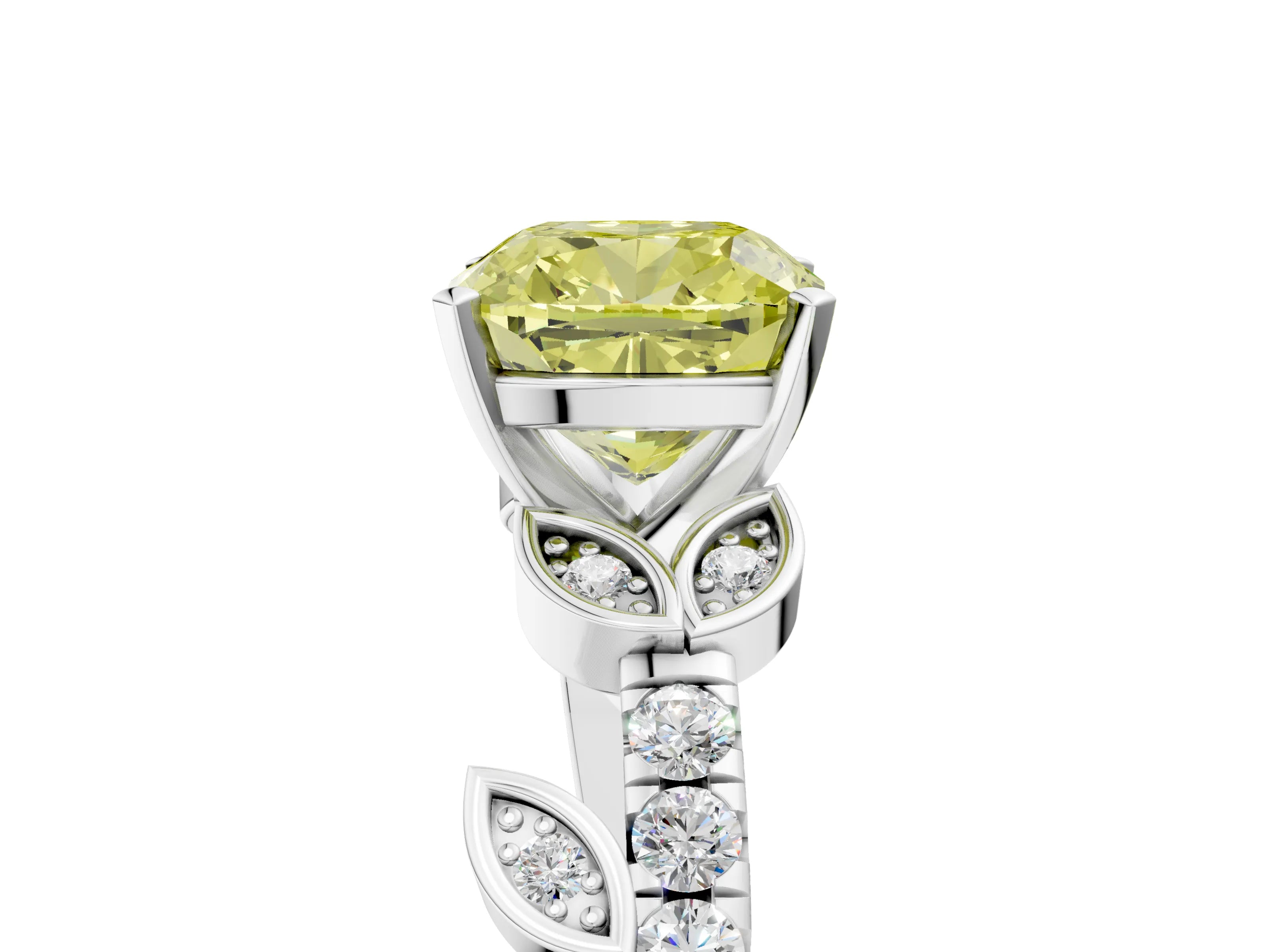 White gold Fancy Yellow Cushion Cut Solitaire Leaf-Inspired Diamond Ring with Pavé Band and Four-Prong Setting_29