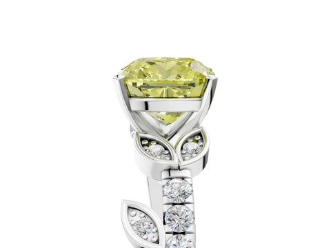 White gold Fancy Yellow Cushion Cut Solitaire Leaf-Inspired Diamond Ring with Pavé Band and Four-Prong Setting_29