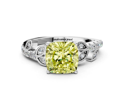 White gold Fancy Yellow Cushion Cut Solitaire Leaf-Inspired Diamond Ring with Pavé Band and Four-Prong Setting